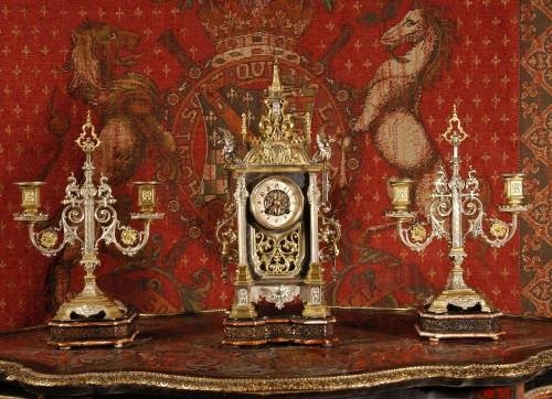 fig 2. ***** SOLD ***** Antique Silvered Brass Gothic Table Clock Set